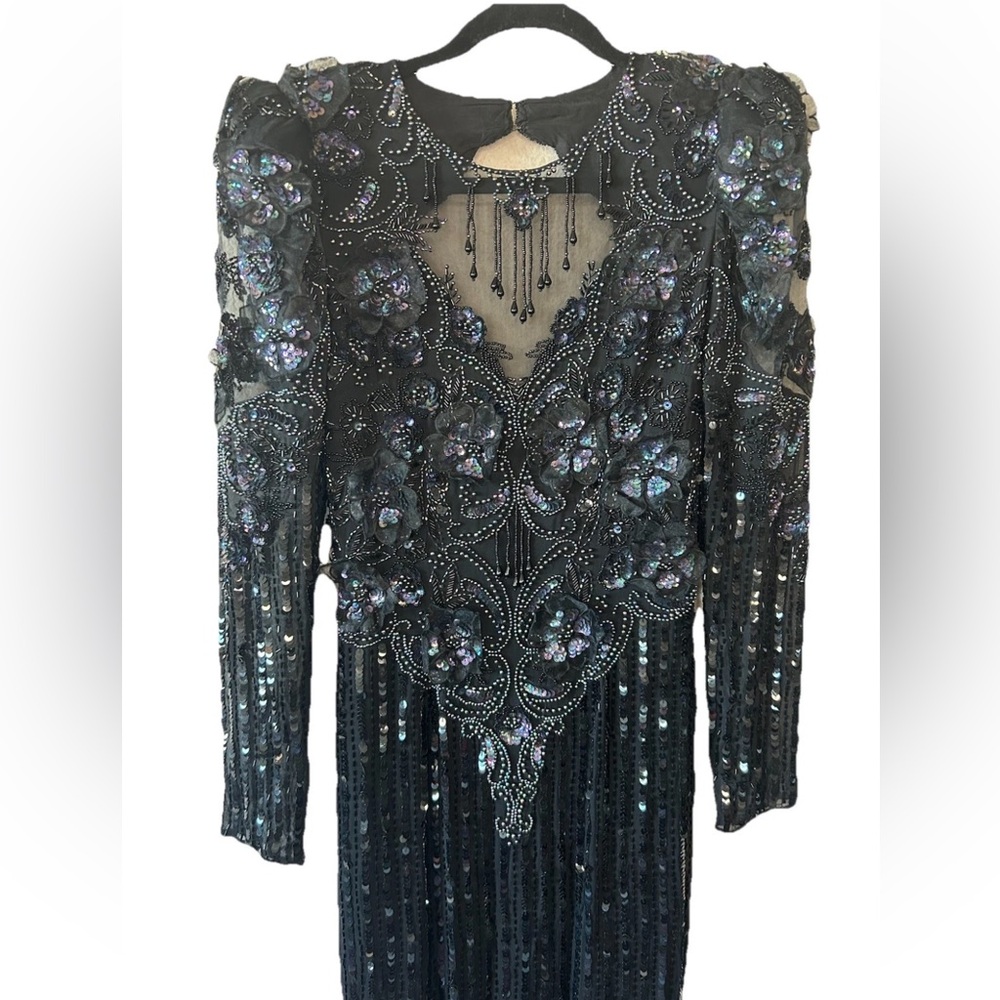 VTG Lillie Rubin Black Silk Beaded Sequin Maxi Gown Keyhole Back S Whimsigoth